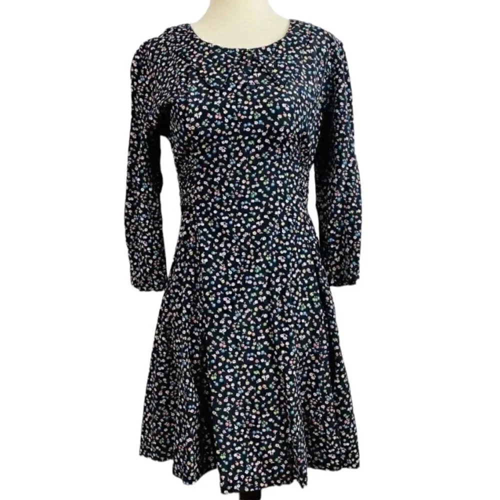 VTG 80s SL Petite Dagger Collar Navy Floral Tie Back Mini Dress Long Sleeves